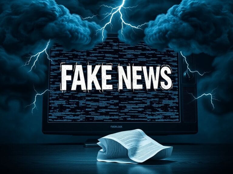 Flick International Abstract representation of a television screen showing static with 'FAKE NEWS' flickering in chaotic letters