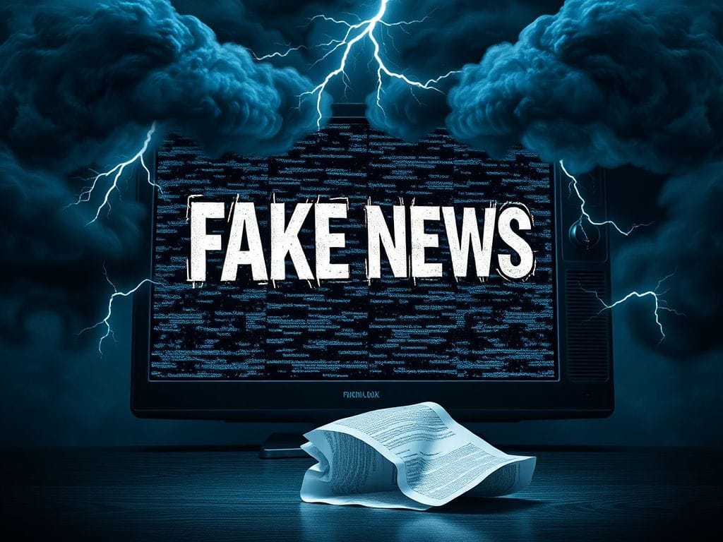 Flick International Abstract representation of a television screen showing static with 'FAKE NEWS' flickering in chaotic letters