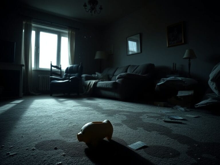 Flick International A dimly lit living room showcasing neglect with a worn-out child's toy on a stained carpet.
