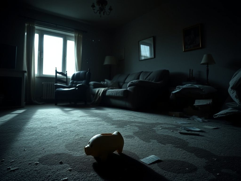 Flick International A dimly lit living room showcasing neglect with a worn-out child's toy on a stained carpet.