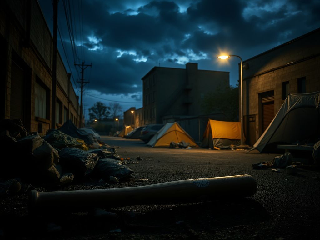 Flick International Desolate urban landscape depicting a homeless encampment at twilight, with a discarded baseball bat symbolizing violence.