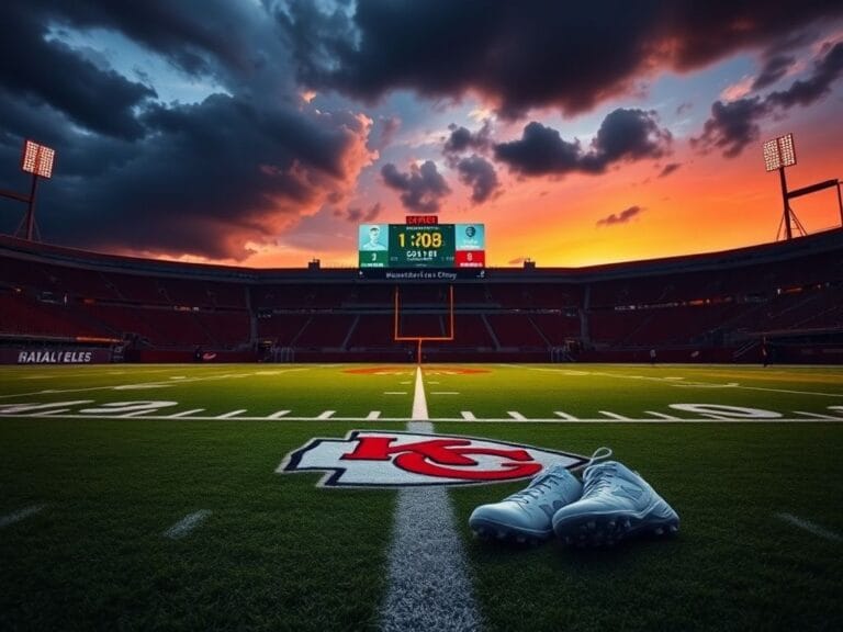 Flick International Dramatic empty football field at dusk with Kansas City Chiefs logo in end zone