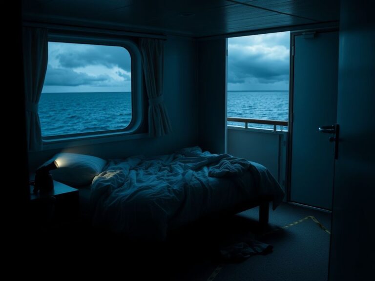 Flick International Dimly lit cabin aboard a cruise ship with signs of distress