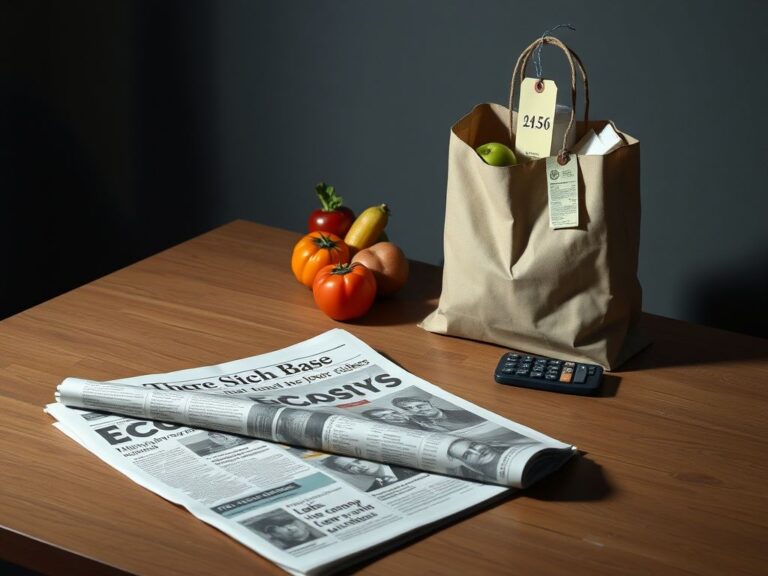 Flick International Somber scene of an empty kitchen table with an open newspaper and grocery bag
