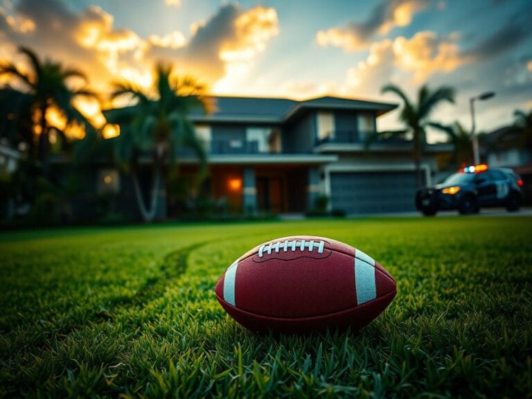 Flick International A dramatic urban scene outside a modern Florida home with a football on the lawn