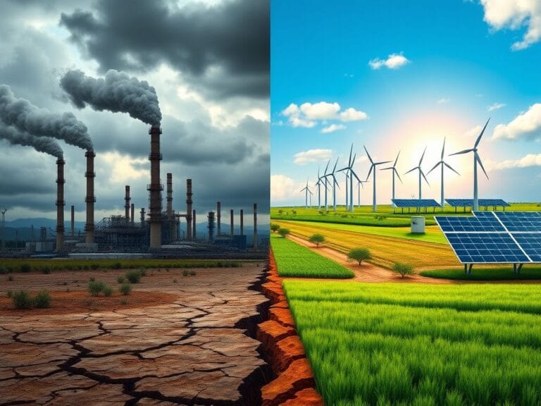 Flick International A contrasting landscape showing an oil refinery emitting smoke on one side and wind turbines under a clear sky on the other, representing the conflict between fossil fuels and renewable energy.