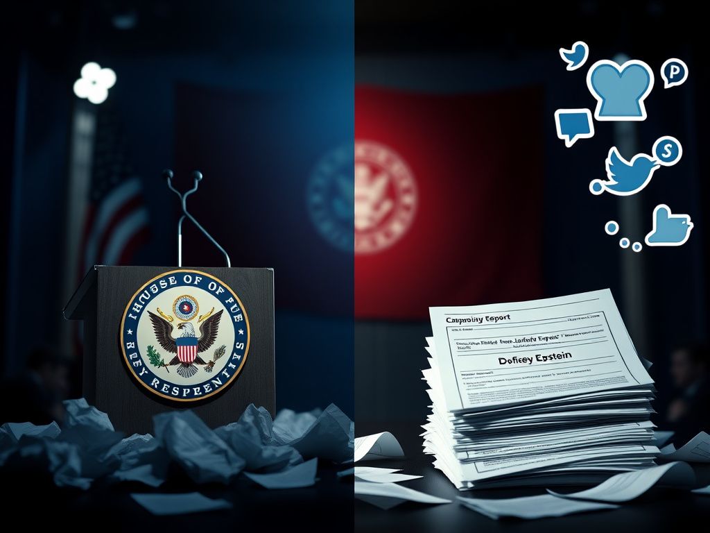 Flick International Dramatic political debate scene with podium and campaign materials