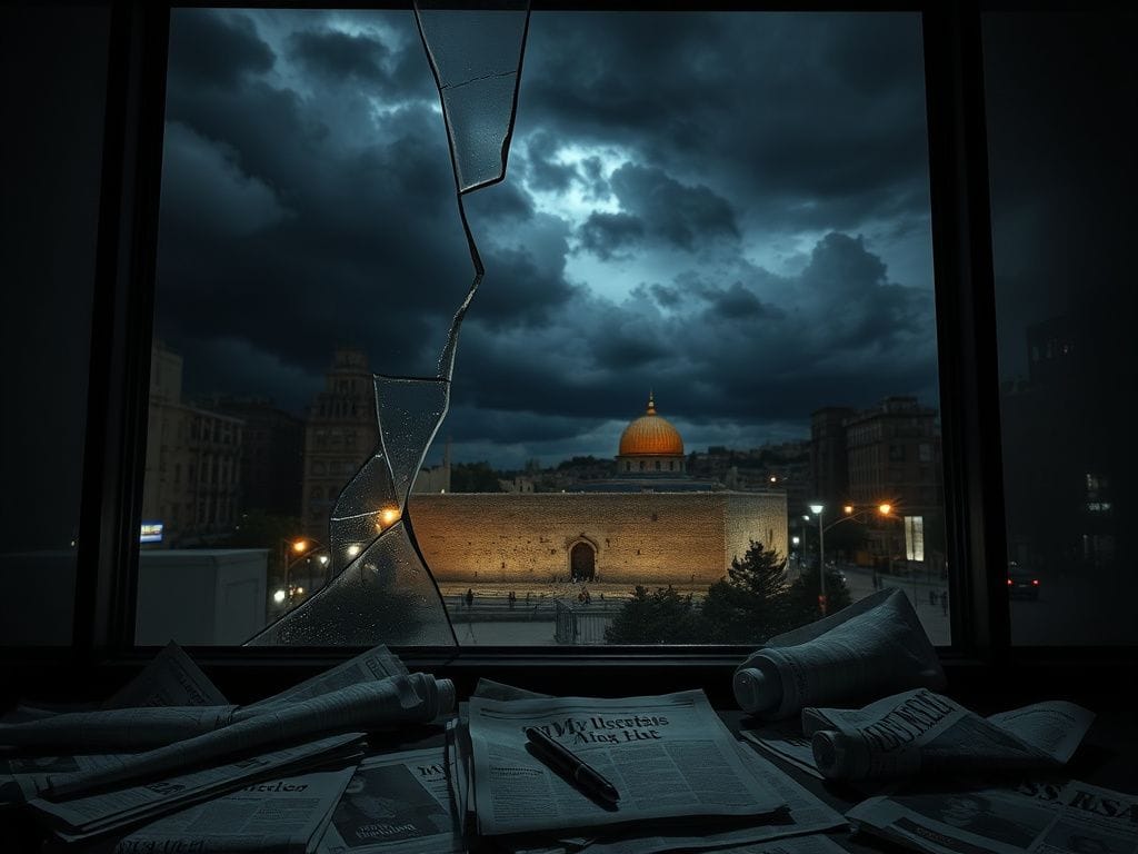 Flick International A fractured urban scene featuring a shattered window reflecting the Western Wall amidst dark storm clouds.