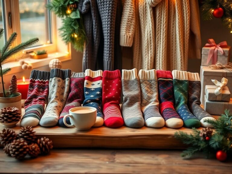 Flick International A cozy scene featuring colorful and stylish socks displayed on a rustic wooden table.
