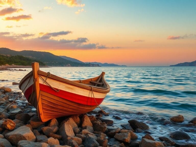 Flick International Serene coastal scene of Galilee at sunrise with an anchored fishing boat