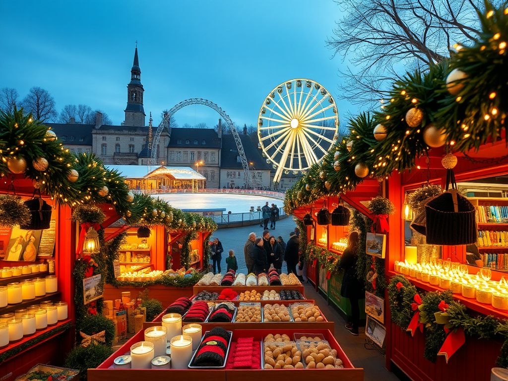Flick International Decorated Christmas market scene in Magdeburg, Germany, showcasing festive stalls and an ice rink.