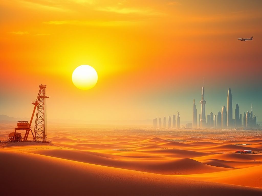 Flick International Desert landscape with a golden oil derrick under a vibrant sunset, representing Saudi Arabia's oil wealth