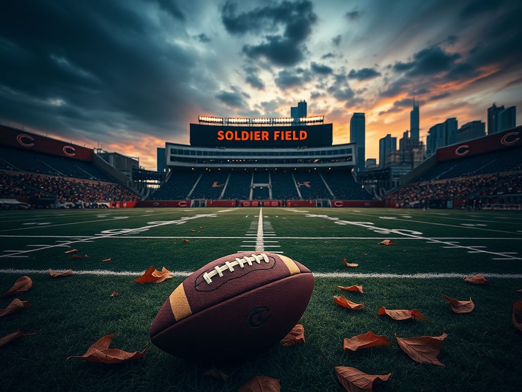 Flick International A dramatic view of Soldier Field stadium in Chicago at dusk, showcasing the football field with autumn leaves and the city's skyline in the background.