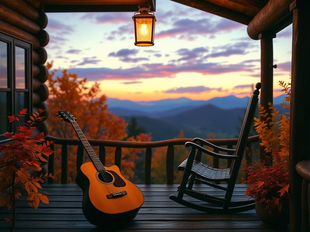 Flick International Cozy rustic cabin porch in the Smoky Mountains with autumn foliage