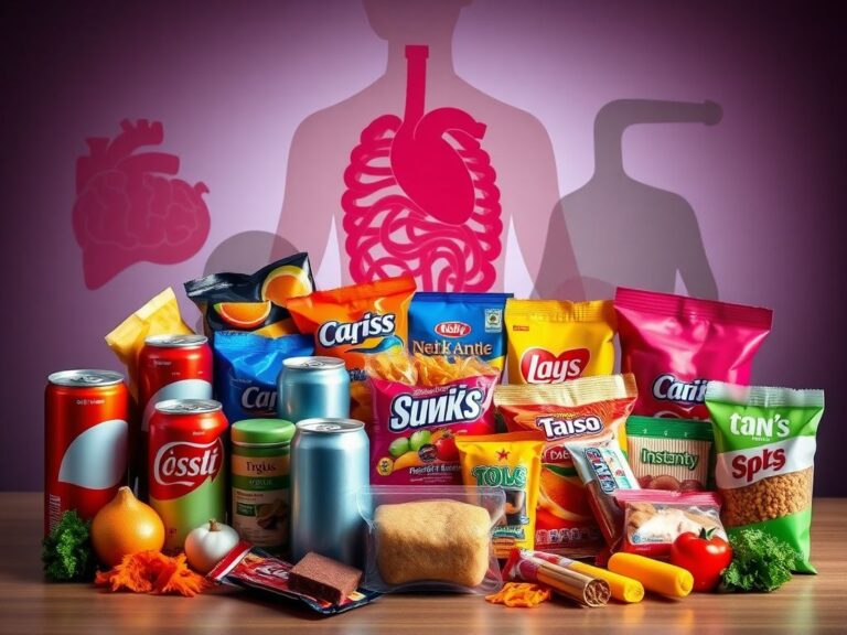 Flick International Assortment of colorful ultra-processed foods arranged on a table with shadowy outlines of major organs in the background