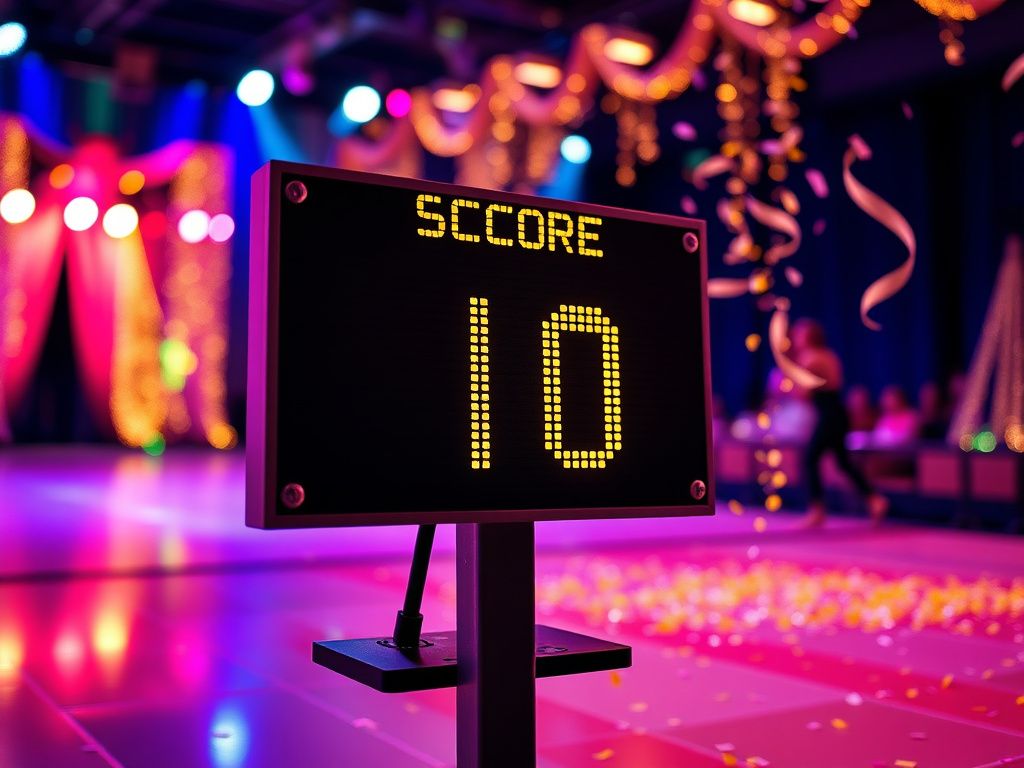 Flick International Close-up of a gymnastics scoring board displaying a perfect score of 10 amidst colorful dance floor elements.