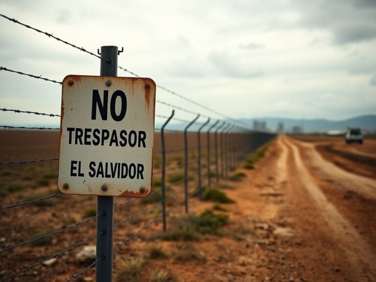 Flick International Landscape showing the border between the U.S. and El Salvador with a barbed-wire fence and 'No Trespassing' sign