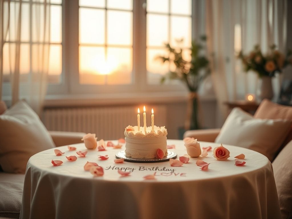 Flick International Intimate birthday celebration with elegant cake and rose petals