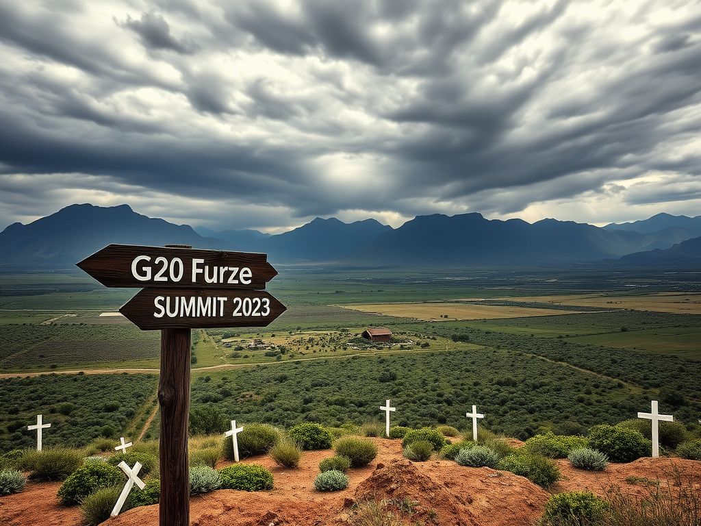 Flick International Landscape of a sprawling valley in South Africa with an abandoned farmstead and a weathered signpost marking G20 Summit locations.