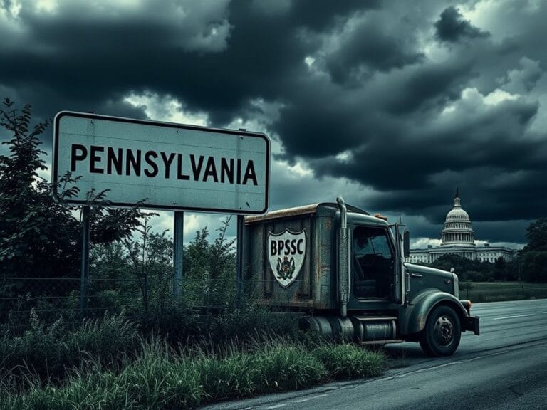 Flick International Abandoned Pennsylvania highway sign with overgrown vegetation and rusted commercial truck