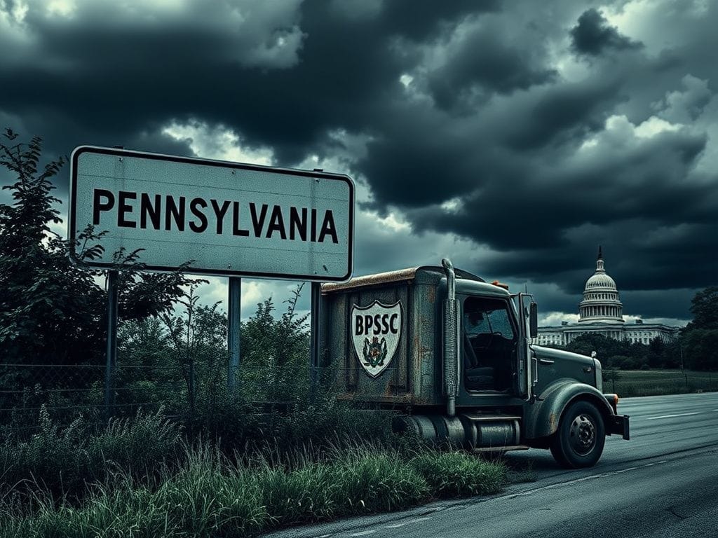 Flick International Abandoned Pennsylvania highway sign with overgrown vegetation and rusted commercial truck