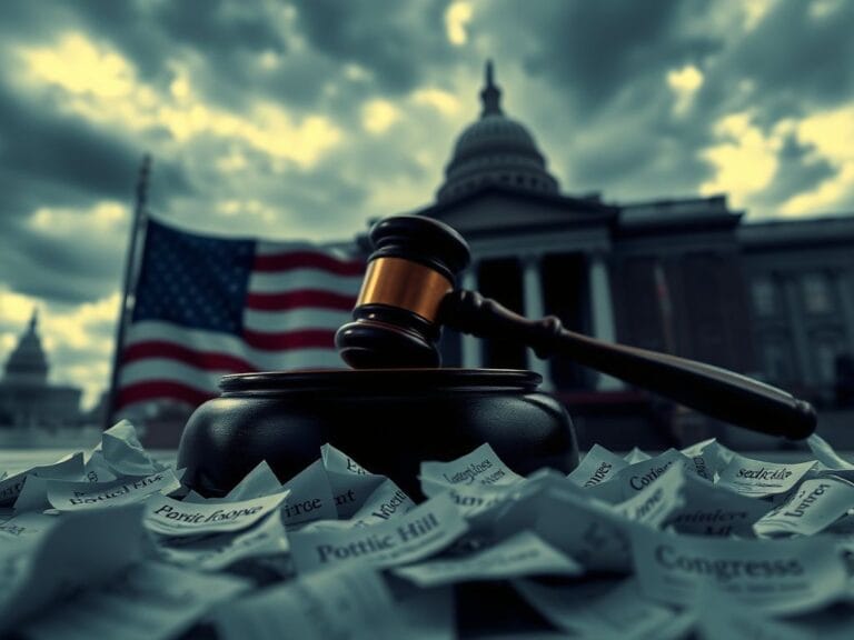 Flick International A gavel resting on a polished wooden desk with crumpled papers and an abstract American flag in the background, symbolizing tension in Congress.