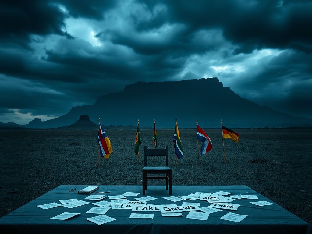 Flick International Dramatic landscape of South Africa with Table Mountain under a stormy sky, symbolizing political tensions.