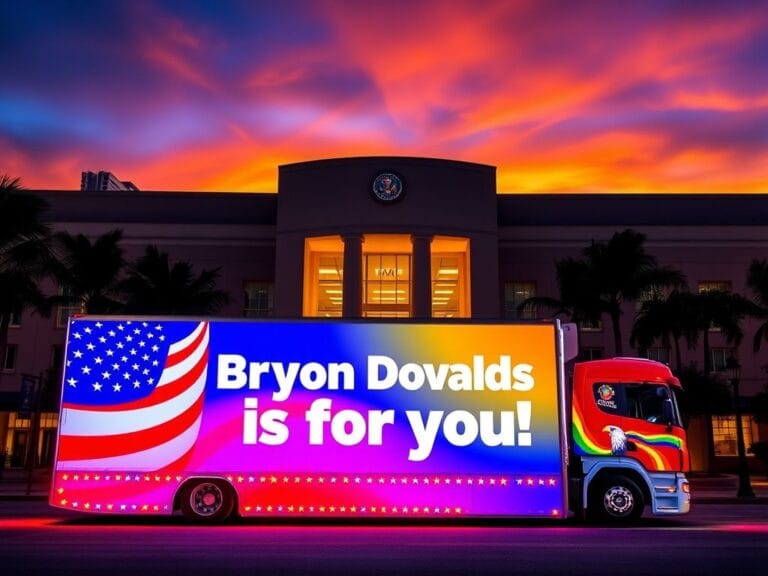 Flick International Large illuminated political truck parked outside a Miami event promoting Byron Donalds' gubernatorial campaign