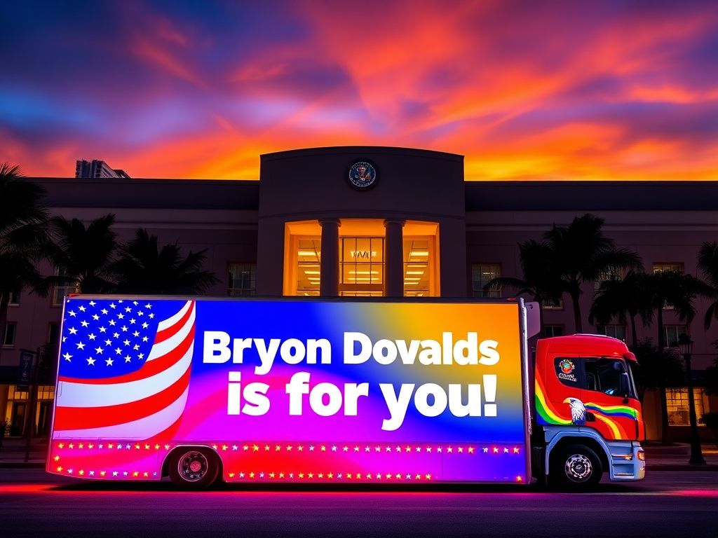 Flick International Large illuminated political truck parked outside a Miami event promoting Byron Donalds' gubernatorial campaign