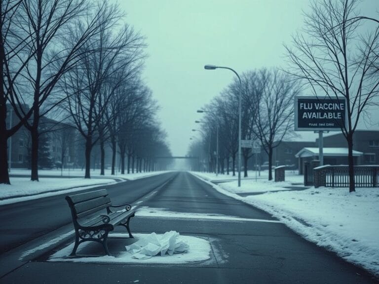 Flick International A somber winter scene showing a desolate street with bare trees and a small empty park bench, reflecting the bleak atmosphere of flu season warnings.
