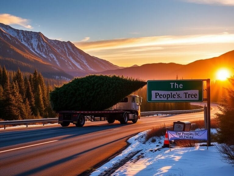 Flick International A majestic 53-foot tall red fir Christmas tree known as Silver Belle on a flatbed truck traveling through picturesque mountains.