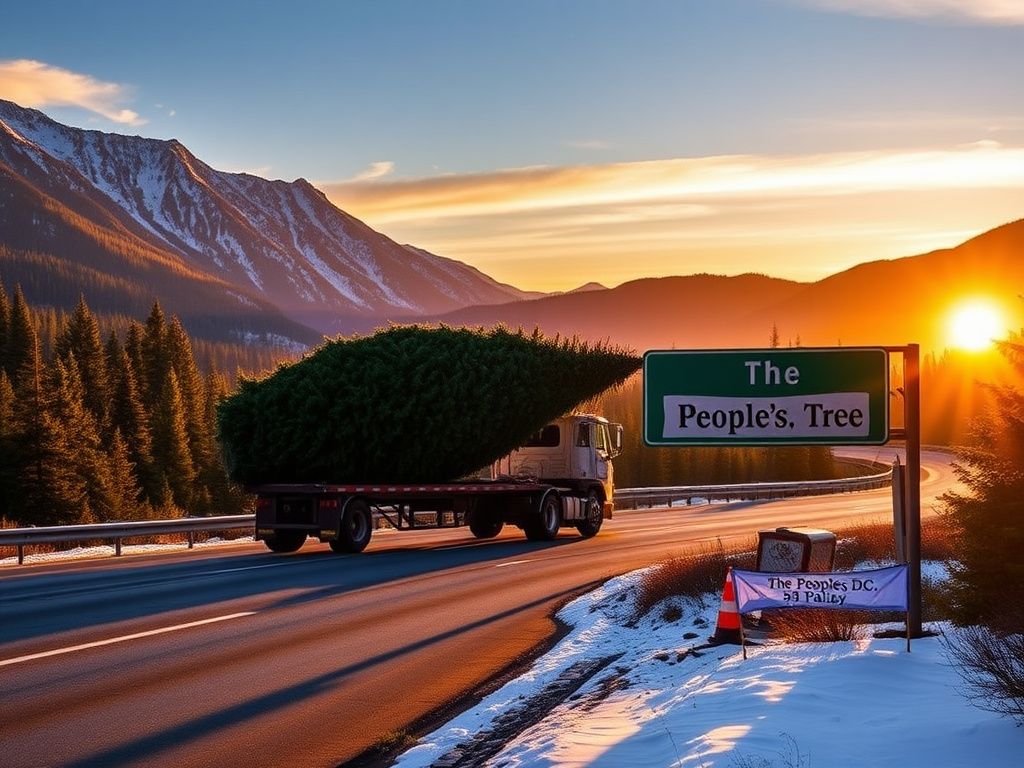 Flick International A majestic 53-foot tall red fir Christmas tree known as Silver Belle on a flatbed truck traveling through picturesque mountains.