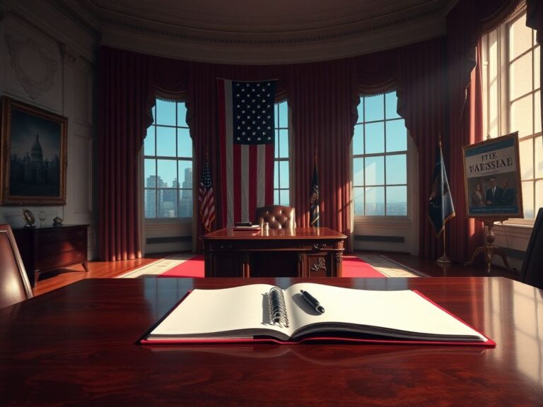 Flick International Empty Oval Office desk with notebook and pen symbolizing political discussions