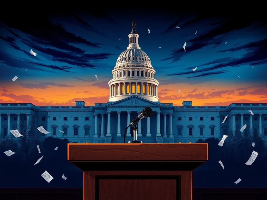 Flick International Illustration of the United States Capitol building at twilight with a weathered podium and fluttering documents