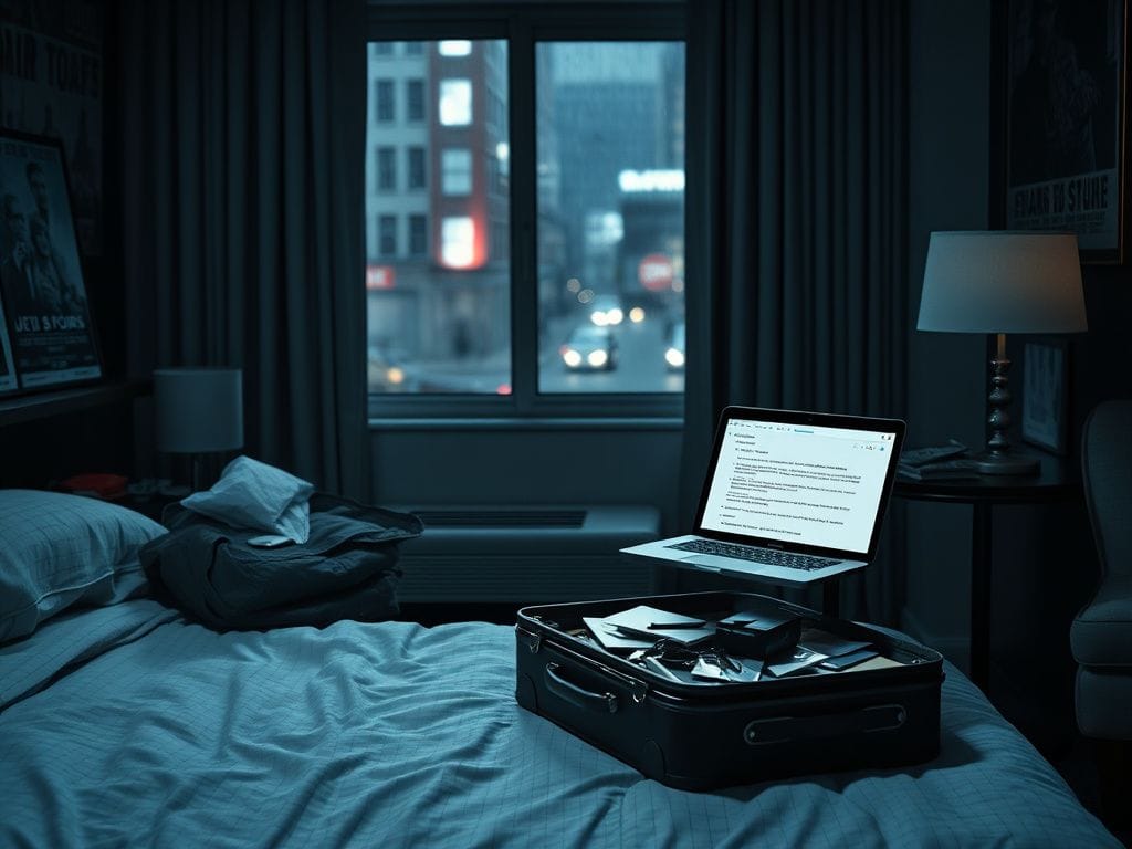 Flick International A dimly lit hotel room with an unmade bed and a partially packed suitcase, illustrating a transient lifestyle.