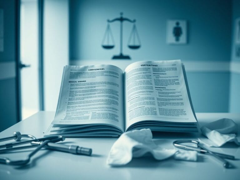 Flick International Open medical report on a sterile table in a hospital examination room