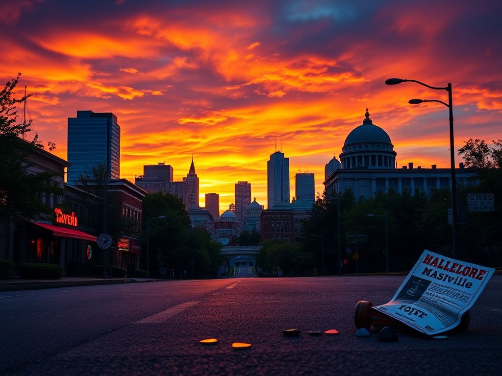 Flick International A dramatic sunset over the Nashville skyline featuring the AT&T Building and Parthenon