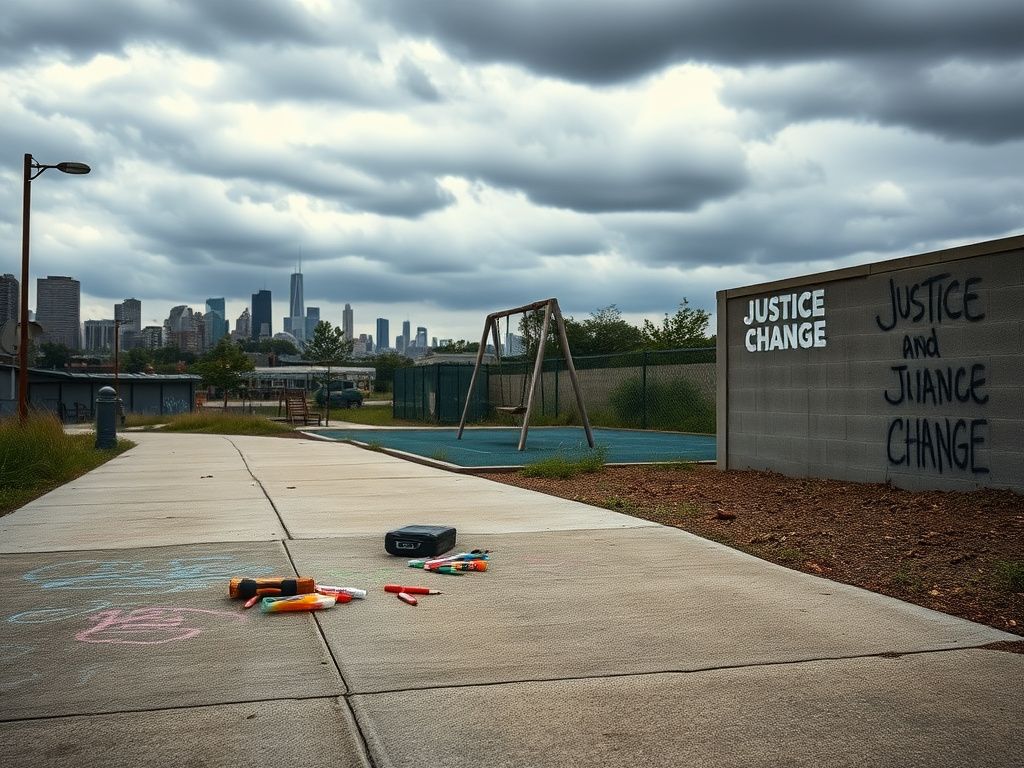 Flick International A somber urban scene in Chicago depicting an empty sidewalk with faded chalk drawings and scattered school supplies.