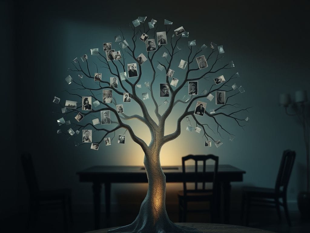 Flick International A delicate, fragmented glass family tree with broken branches symbolizing estrangement