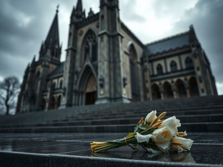 Flick International Exterior view of the National Cathedral in Washington, D.C. under a cloudy sky, with a bouquet of wilted white flowers on a step.