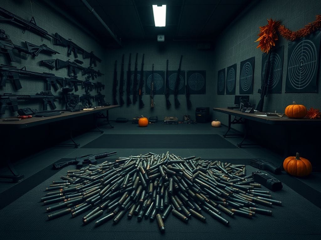 Flick International Indoor gun range scene with various firearms and ammunition illustrating a foiled terror plot