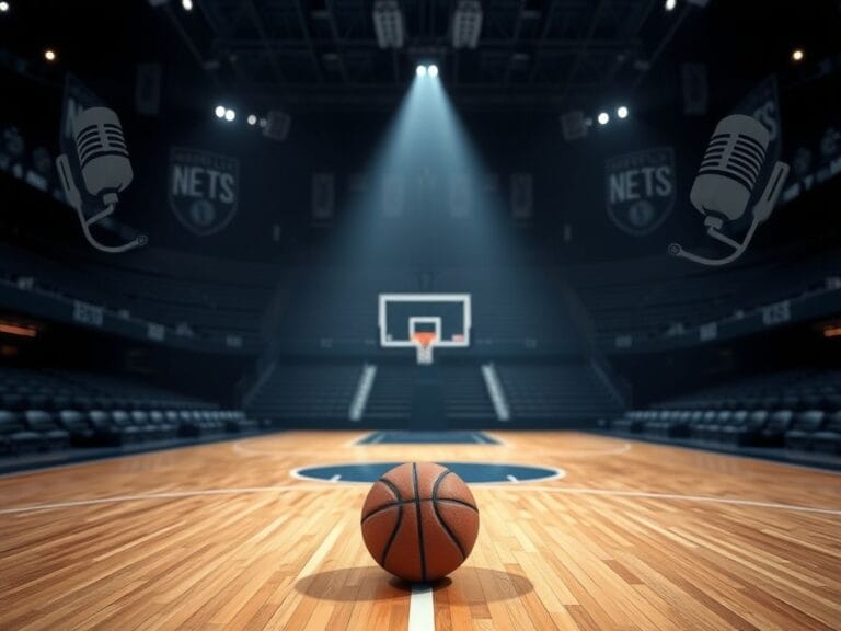 Flick International A basketball resting on a hardwood floor in a dimly lit arena with blurred bleachers in the background