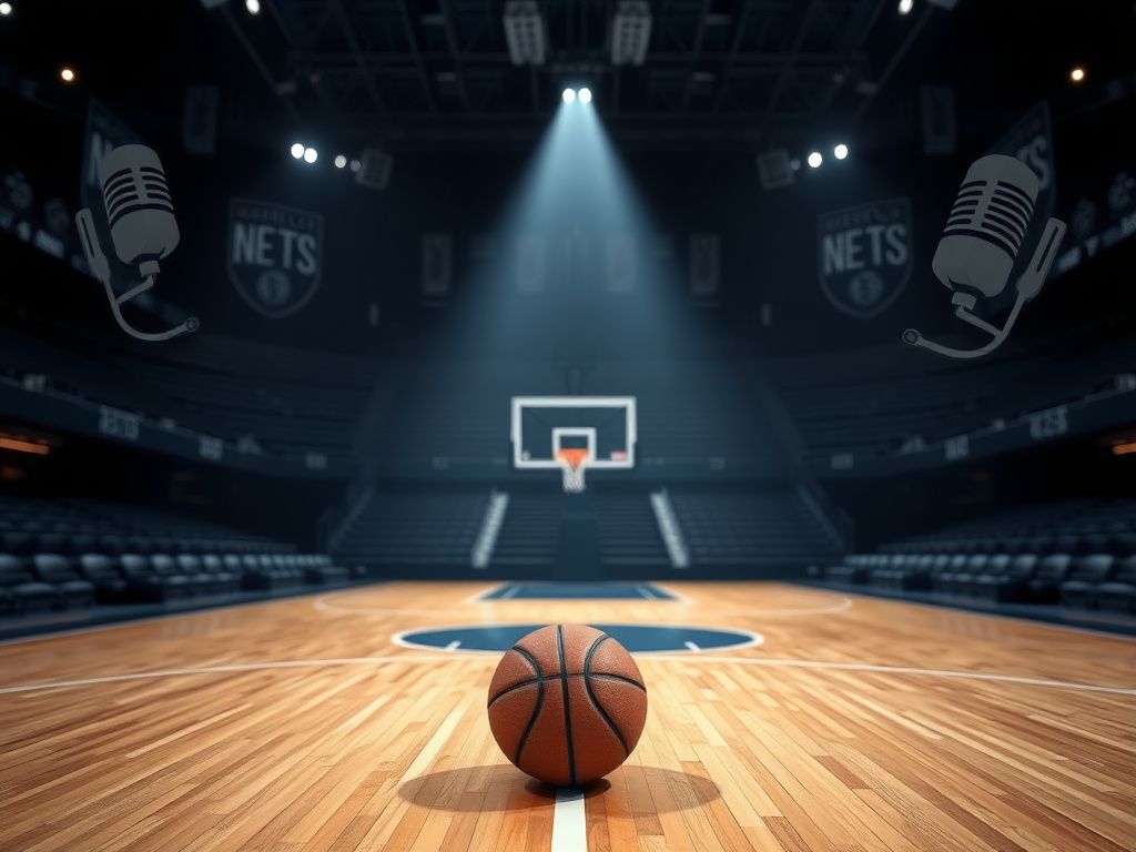 Flick International A basketball resting on a hardwood floor in a dimly lit arena with blurred bleachers in the background