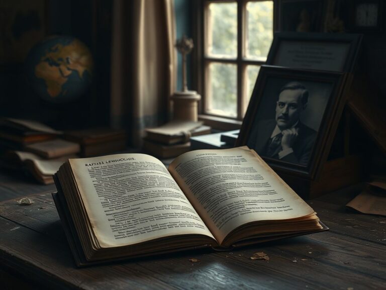 Flick International An open book on an old desk with fragmented texts about genocide and historical injustices