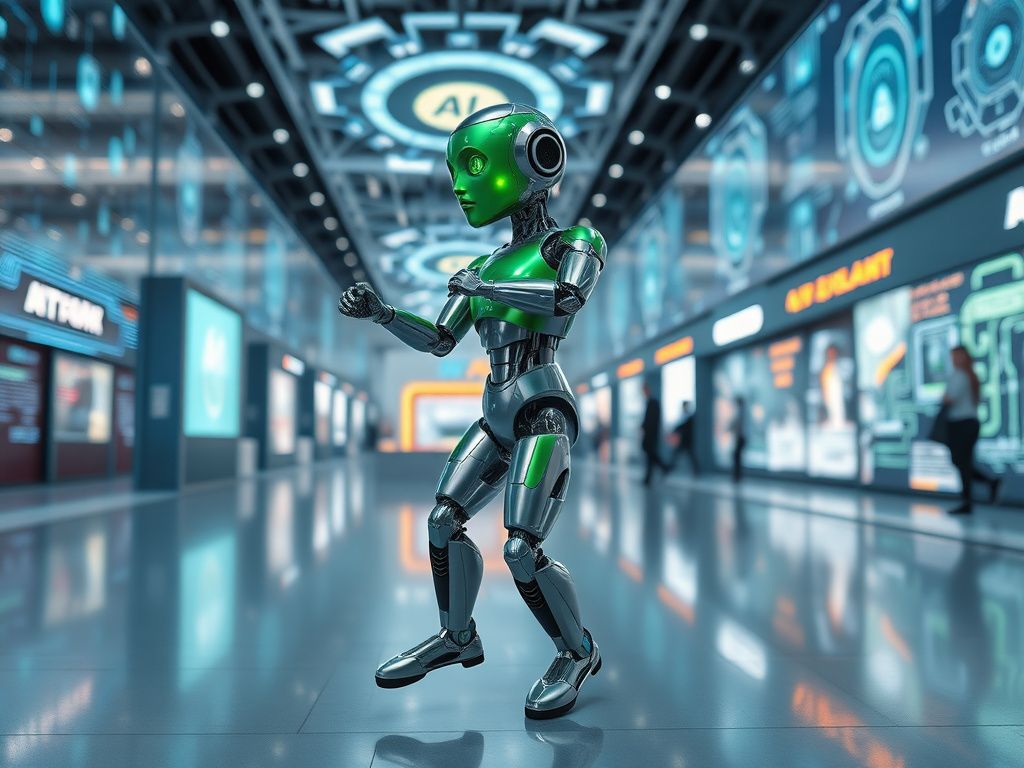 Flick International Humanoid robot Green in mid-dance pose at AI Journey conference in Moscow