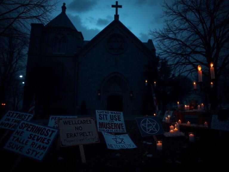 Flick International Dark evening scene outside a historic synagogue with protest signs and architectural features