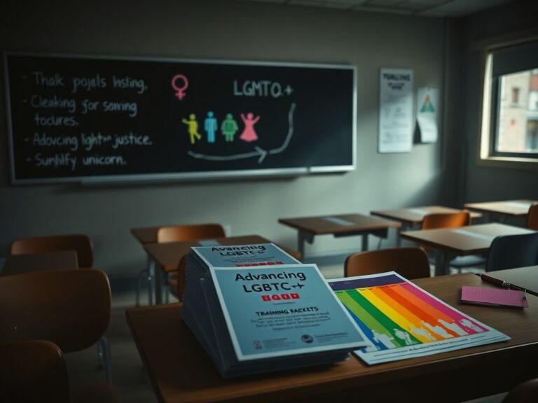 Flick International Dimly lit classroom with empty desks, colorful educational materials, and a 'Gender Unicorn' poster