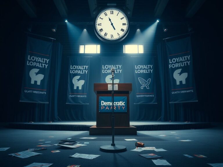 Flick International Empty political rally stage with Democratic Party logo and scattered campaign materials