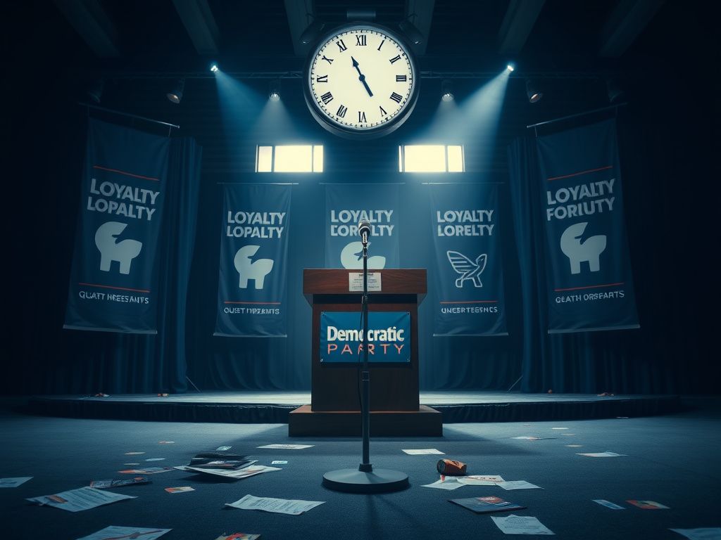 Flick International Empty political rally stage with Democratic Party logo and scattered campaign materials