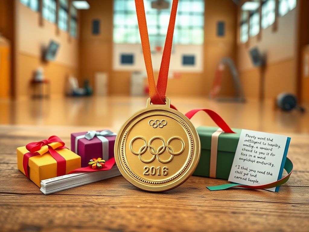 Flick International A shiny Olympic gold medal reflecting on a wooden surface with symbolic gifts around it.